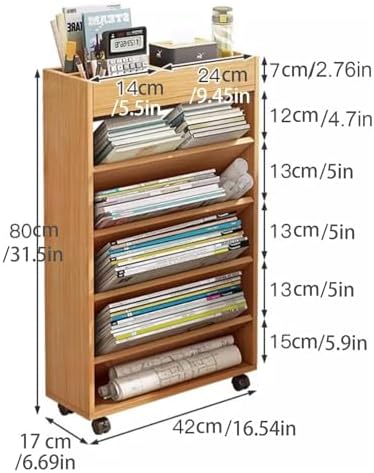 Mobile Bookshelf,Brown Wooden Rolling Storage Cart, Mobile Bookshelf with Multi-Tier Shelves & Wheels for Office Organization - Versatile Utility Cart for Home & Office Use
