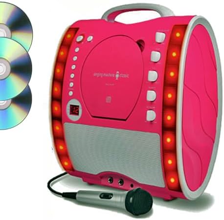 Portable Karaoke Machine & CD Player - Classic 343 PARTY PACK 1 (1 Mic + 3 karaoke CD's) Home Disco Party Light - Girls wired karaoke microphone + 56 Karaoke SONGS (3 CD ' S) CDG + Format (Connect to a TV to display lyrics from CD) - Echo - Auto Voice Control - - AUX IN 3.5mm Jack (Link to iPod / iPhone / iPad / MP3 Player /Mobile Smart Phone / Laptop, Netbook, PC, Computer / etc) – Pink Karaoke Machine by The Singing Machine (3 CDs - Party Pack 1 (1 Mic), Pink)
