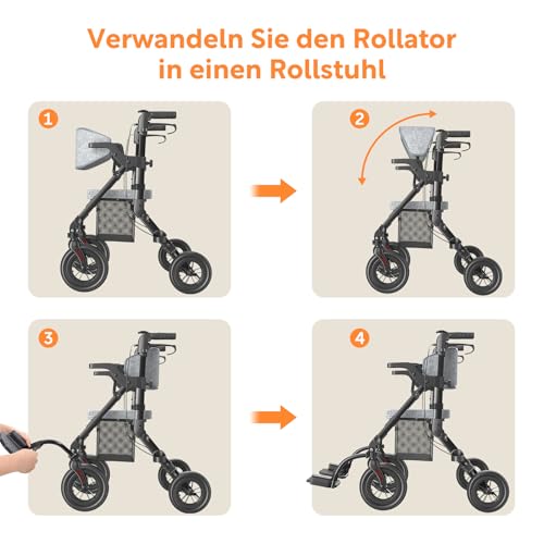 VOCIC 2 in 1 Rollstuhl Rollator Faltbar und Leicht mit Sitz,Outdoor Gummireifen für Allen Gelände,Leicht Rollatoren mit Netztasche,Aluminium Gehhilfer Transport-Stuhl,Obsidianschwarz (5 Jahre Support)