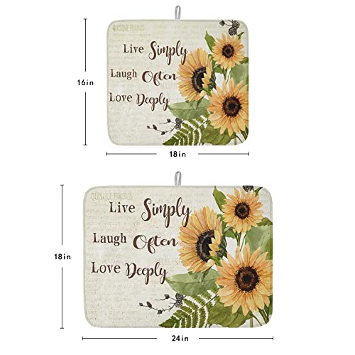 Dish Drying Mat For Kitchen Counter Absorbent Quick Drying Mat, Farm Sunshine Sunflower Vintage Old Newspaper Microfiber Drying Pad Countertop Protector, Easy To Hang- 18 X 24 #TOP2