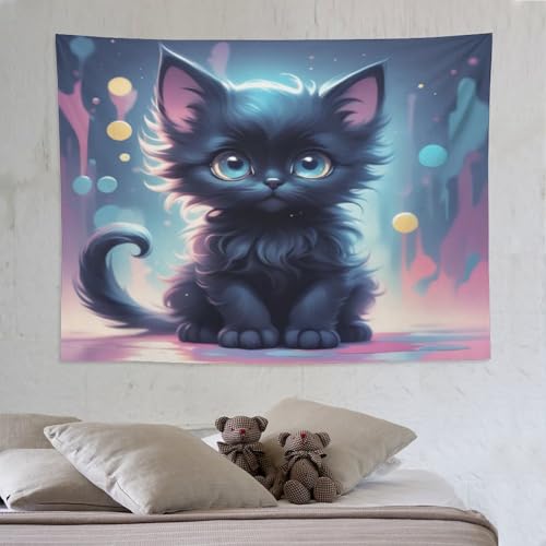 Tapisserie chat mignon masque les imperfections des cloisons grâce au tissu mural salon