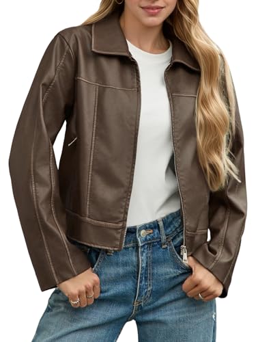 Yousify Womens Faux Leather Jacket Casual Zip Up Motorcycle Long Sleeve Collared Fall Cropped Coats with Pockets