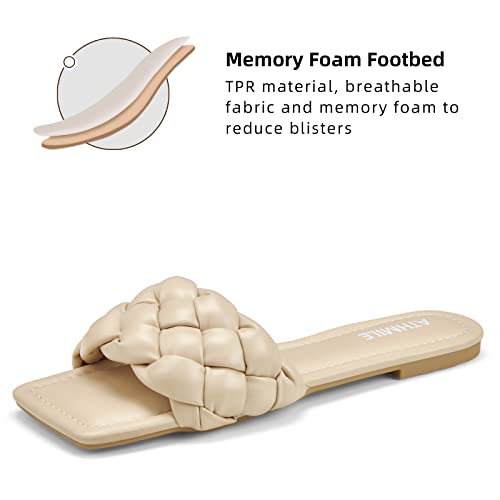 Image of ATHMILE Braided Womens Sandals 2026 Square Open Toe Fashion Slide Sandals | Women Summer Flat Sandals,Soft Leather,Slip on Shoes,Dressy,Causal,Beach,Vocation,Size 6-11