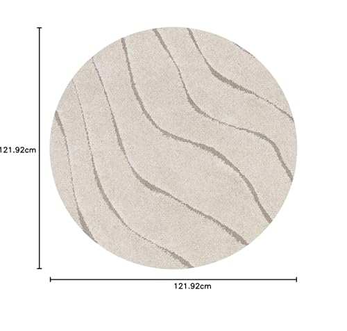 Image of Abstract Wavy Design Round Shaggy Carpet for Living Room, Bedroom, High Low Design Finish Microfiber 1.8 Inch Pile High, 4x4 Feet Cream|Beige Color