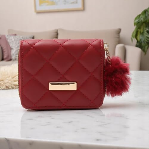 1Pcs Simple Wallet Short Diamond Quilted Tassel Wallet PU Leather Red 11x9.5cm