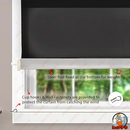 Image of HIPPO 180 GSM HDPE Outdoor Balcony Roller Blind, UV & Dust Protection Corded Roll Up and Down Light Filtering Blinds for Garden (Pearl-Black, 3FTX5FT)