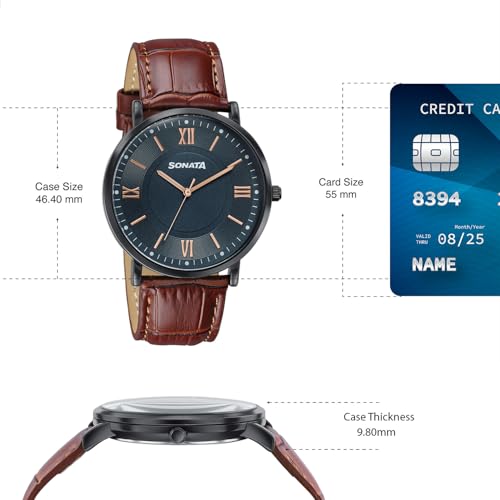 Image of Sonata Verve Quartz Analog with Black Dial Brown Geniune Leather Strap Watch for Men - 77189NL01