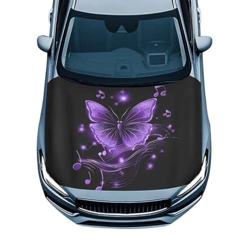 Image of Car Hood Cover Protector,Easy to Clean Polyester Breathable Print Polyester Hood Covers for Cars,Decoration Universal Car Accessories Purple Butterfly Pattern Design