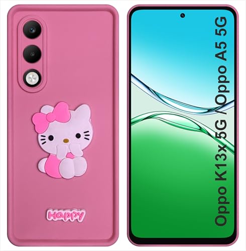 Image of Silicone Back Cover Case for Oppo K13x 5G / Oppo A5 5G | Cute Fun 3D Happy Kitty Design Silicone Case | Camera Protection Bump | Shockproof Back Cover Case for Oppo K13x (Pink)