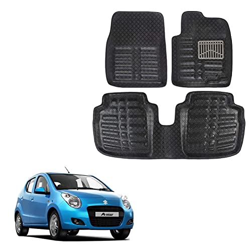 Image of Oshotto 4D Artificial Leather Car Floor Mats Compatible with Maruti Suzuki A-Star (2 Pieces Front and one Long Single Rear PC) - Black