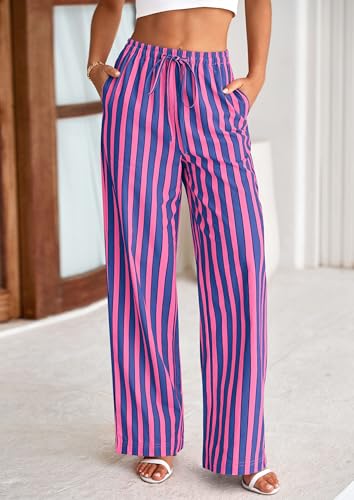 PRETTYGARDEN Women's Wide Leg Lounge Pants 2025 Summer Drawstring Elastic Waist Comfy Striped Pajama Bottoms Trendy Clothes
