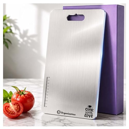Image of OrganizeMee Stainless Steel Chopping Board for Kitchen Heavy-Duty Cutting Board for Vegetables, Fruits Cutter, Meats, vegitable Chopper Boards, Premium Metal Chopping Board (Medium)(31.8CM X 21CM)