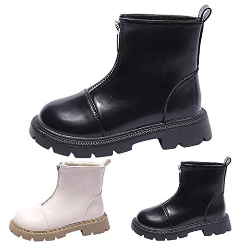 Fashion Children Boys Girls Winter Ankle Boots Platform Slip On Chunky Heel Lug Sole Leather Booties Outdoor Shoes (White, 11-11.5 Years Big Kids)3