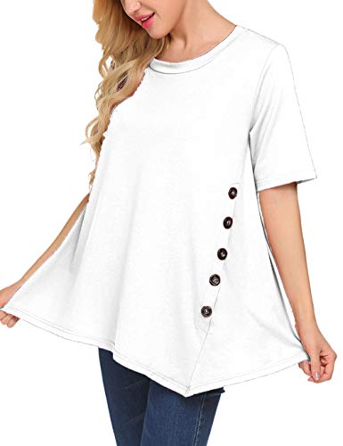 Sweetnight Women's Casual Scoop Neck Short Sleeve Solid Asymmetrical Pleated T-Shirt Blouse Top Plus Size XXX-Large White