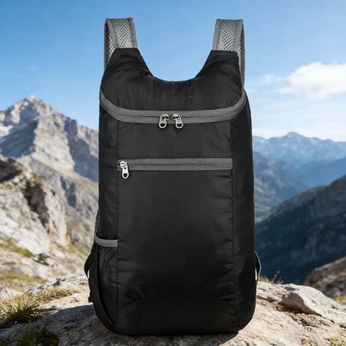 Mochila liviana plegable para viaje y excursión negra miniatura 3