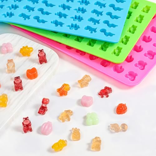 Image of Gummy Candy Chocolate Molds - Silicone Mini Gummy Bear /Dinosaur /Fruit Snack Molds with 2pcs Dropper, Non-stick for Candy Chocolate Gummies Baking