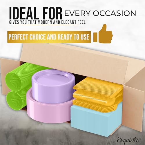 Image of Party Solids 350 Pieces Easter Plates For Party, Easter Disposable Plates Set, 50 Of Each 9 inch Dinner Plate Set, 7 inch Dessert Plate, Cups, Napkins & Cutlery Plastic Dinnerware Set