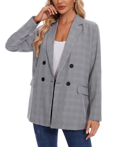 MINTLIMIT Women's Plaid Blazer Casual Long Sleeve Oversized Boyfriend Blazers Double Breasted Lapel Jacket with Pockets4