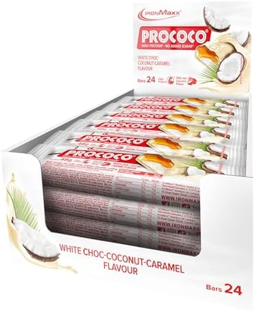 IronMaxx Prococo - White Choc Coconut Caramel 24 x 48 g | High Protein Riegel mit Kokosraspeln | Ohne Zuckerzusatz | Ideal für unterwegs
