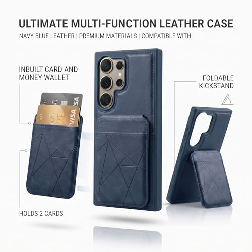 Image of amazon basics Premium Vegan Leather Back Cover with Card Holder and Integrated Mobile Stand for Samsung Galaxy S24 Ultra 5G - Slim Shockproof Wallet Case with Geometric Stitching [Blue]