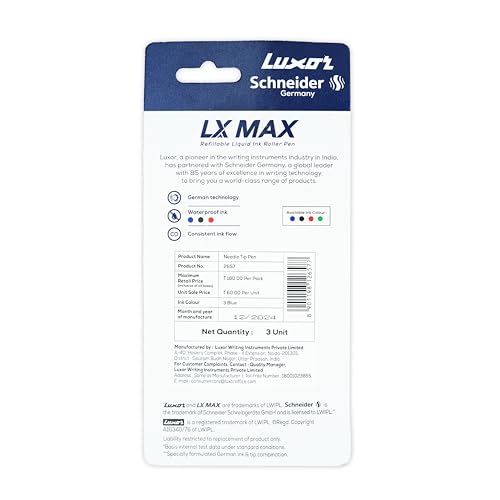 Image of Luxor Schneider LX MAX roller ball pen, Pack of 3 - Blue, Needle Tip, 0.5mm, 100% German Technology, 1000+ mtrs writing length, Waterproof Ink, Ideal for Students & Professionals