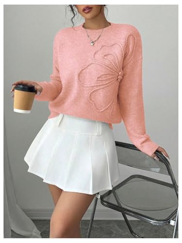 Image of RoseSeek Women's 3D Floral Appliques Crewneck Sweaters Long Sleeve Drop Shoulder Pullovers Elegant Knit Tops