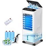 冷風機 冷風扇【水冷式・上から給水】圧倒的パワフル送風 8m/s 風量3段階調節 左右自動首振り 1〜7時間タイマー リモコン/操作パネル対応 省エネ 6L大容量タンク 静音 保冷パック付き 工事不要 家庭用/オフィス ペット対策