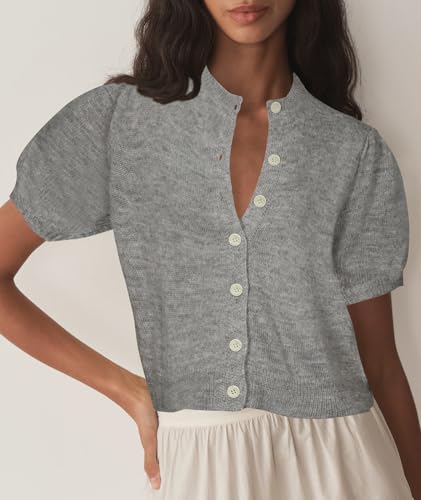 Image of Womens Puff Short Sleeve Cardigan Sweaters Cropped Button up Lightweight Y2k Knit Summer Cardigans