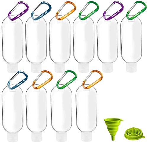 Preisvergleich Produktbild Megade Reiseflaschen mit Clip, 10 leere nachfüllbare Flaschen, 50 ml, auslaufsichere Quetschbehälter mit Klappdeckel, 1 faltbarer Trichter, 10 Karabiner / Schlüsselanhänger