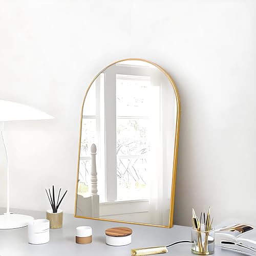 Image of FINEWF 24x16 Arch Mirror Rectangle Wall Mounted Aluminum Alloy Metal Frame HD Glass Dressing Make-up for Bathroom Entryway Bedroom Living Room 24 16 inch Gold