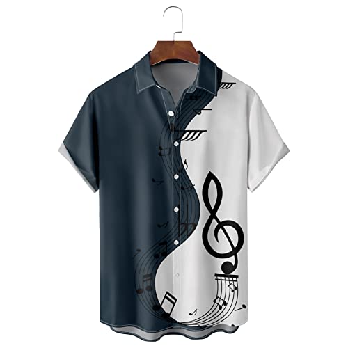 Fxbar Men's Musical Notes Printed Short Sleeve Hawaiian Shirts Turn Down Collar Button Down T-Shirts3