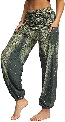 Nuofengkudu Women's Hippie Baggy Harem Trousers with Pockets Smocked High Waisted Soft Boho Patterned Gypsy Yoga Pants Holiday Summer Beach Party