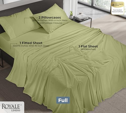 Image of ROYALE LINENS 100% Organic Cotton Full Sheet Set - Percale Weave - 4 Pieces Set - 1 Flat, 1 Deep Pocket Fitted Sheet and 2 Pillowcases - Sage Green Bed Sheets - Sabanas Full - Crisp Cool (Sage Green)