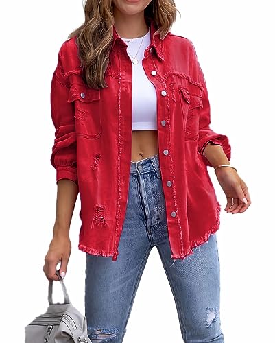 Jean Jacket for Women fashion Denim Ripped Distressed Jacker for Womens Coat Long Sleeve
