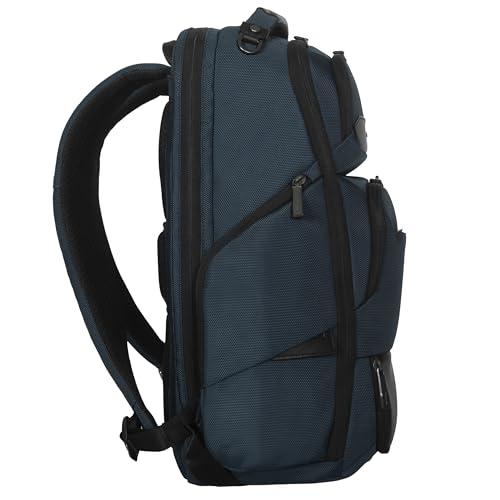 Image of Targus HeritageLuxe Backpack 15-16 inch - Blue Laptop Bag with SafeSling Protection, RFID Pocket, USB-C Charging, Tracker Slot, Eco Fabric, Leather Accents - TBB65602GL