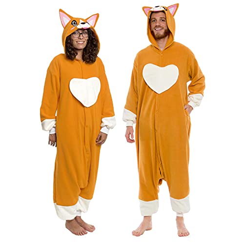 Silver Lilly Unisex Adult Pajamas - Plush One Piece Cosplay Corgi Animal Costume (S) Brown