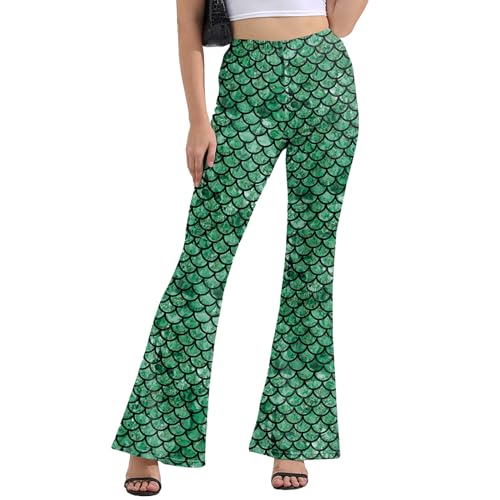 Bell Bottom Leggings Mermaid Print High Waisted Yoga Pants Plus Size Dark Green