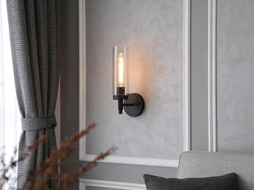 Image of Phansthy Black Rustic Industrial Wall Sconce Light with Tubular Clear Glass Lampshade for Bedroom, Living Room, Dining Room, Kitchen (Single Sconce)