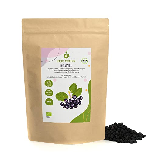 Bayas de Aronia Secas Orgánicas (1kg), Bayas de Aronia Enteras Sin Azúcar de Cultivo Orgánico, 100% Naturales y Puras, Snack de Frutas Listas para Comer, Veganas