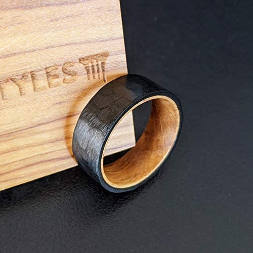Pillar Styles Titanium Whiskey Barrel Rings For Men Hammered Wedding Band Black Wooden Ring 8Mm Unique Whiskey Wood Mens Ring thumb #1