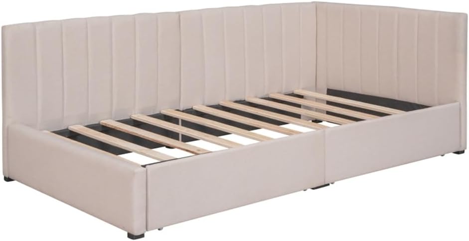 Beige Twin Size Sofa Bed Upholstered Daybed with 2 Storage Drawers Frame No Box Spring Needed, Linen Fabric