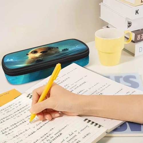 Image of Otter Zippered Pencil Case Blue Pen Cases for Kids Girls Lightweight Stationery Pouch with Slots and Compartment Supplies Storage Bag
