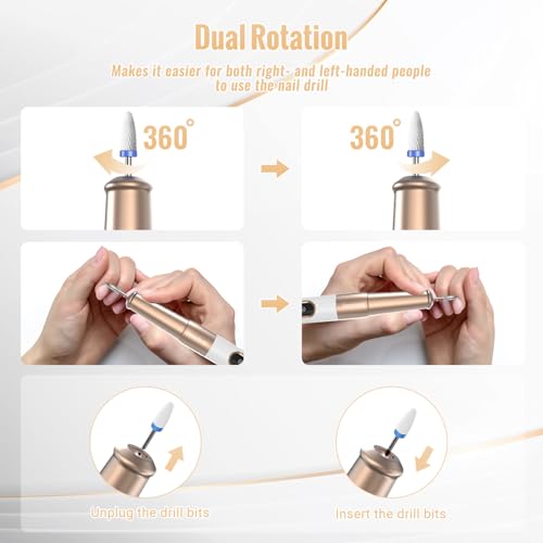 Nagelfräser, Denabuty Elektrische Nagelfeile Kabellos 12 in 1 Fräser für Gelnägel 25000 u/Min, USB Wiederaufladbare, 5 Verstellbare Geschwindigkei, Maniküre Pediküre Set DN-2502Y