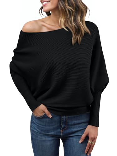 LILLUSORY Women One Shoulder Sweater Fall Fashion Long Batwing Sleeve Knit Pullover Cute Tops Trendy Outfits