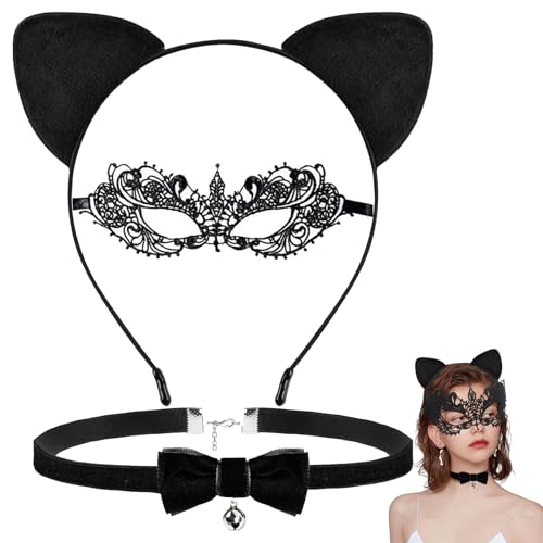 PMELCXD Oreilles de chat pour femme – Costume de chat avec oreilles, masque en dentelle et collier avec clochette – Idéal pour les soirées à thème,...