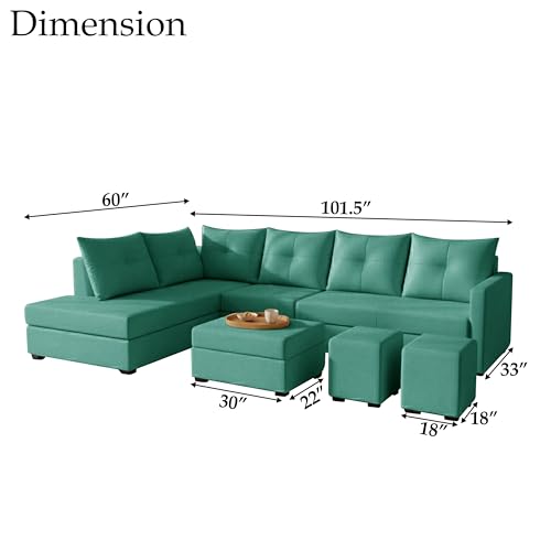 Image of Wood 8 Seater Sofa Set with Ottoman & Stools | Velvet Fabric Upholstery | Modern L Shape Wooden Frame Couch for Living Room, Home & Office (Green)