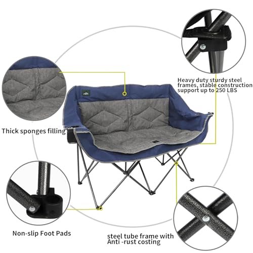 Silla plegable Northroad Loveseat para camping, doble, acolchonada, portátil, para 2 personas, con porta vasos y almacenamiento, soporte 500 libras, color azul gris miniatura 5