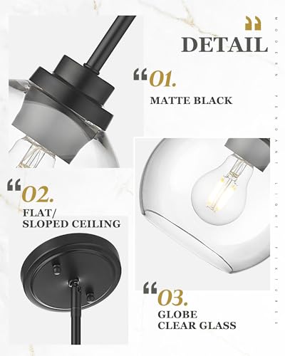Image of Pendant Lights Kitchen Island, 7 inch Modern Black Hanging Lights Fixtures with Clear Glass Globe Shade, Kitchen Island Lighting for Bathroom, AD-22280-1P-BK-C