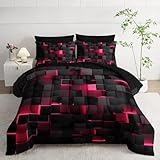 Nttopship Geometric Pink Black King Comforter Set,Light Honeycomb Bedding Set 7 Piece in A Bag,Bed Sheet Set Geometry Decor,Microfiber Lightweight All Season