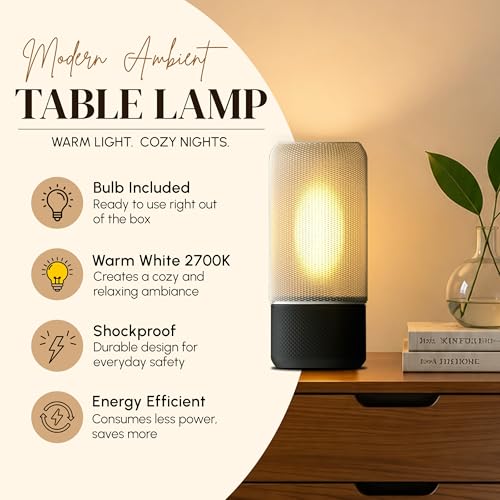 Image of Modern Ambient Table Lamp /Stylish Bedside Desk Lamp /Gentle Warm Glow & Energy-Efficient Lighting /Perfect for Side Table /Bedroom /Living Room /Home Decor /Study & Office - (White)